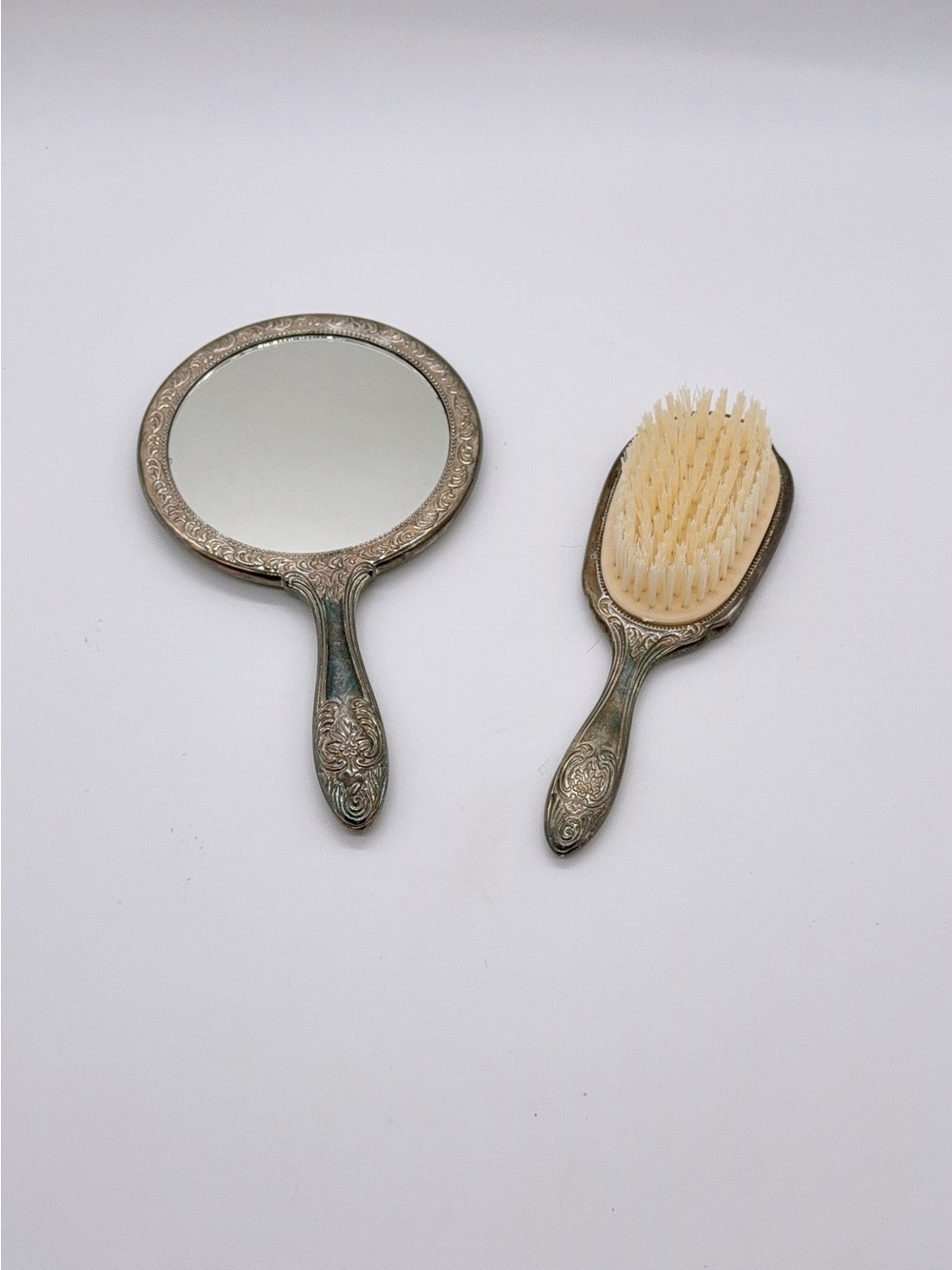 Vintage Silver Plated Repousse Hand Mirror And Brush Vanity Set